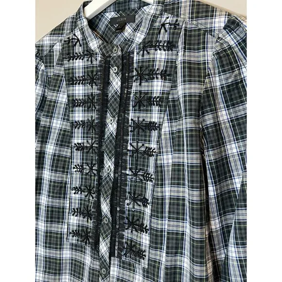 J. Crew Women Beaded Embellished Forest Green Tartan Plaid Shirt Small Sequin - Picture 8 of 14